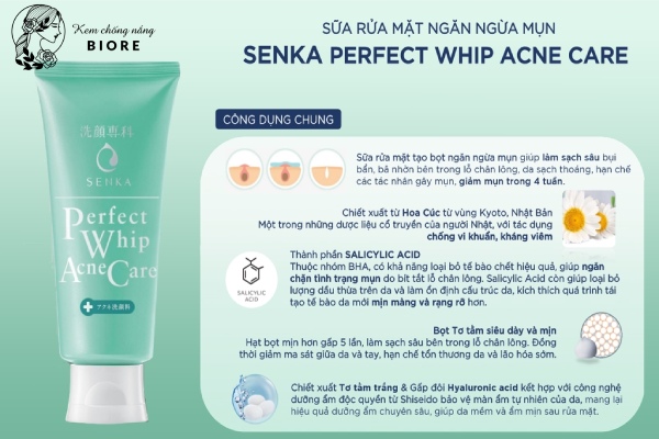 Review sữa rửa mặt Senka Perfect Whip Acne Care về thành phần
