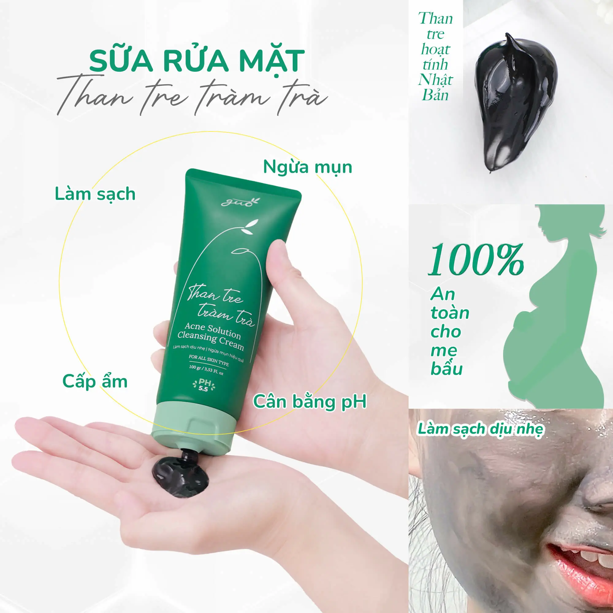 Sữa Rửa Mặt Không Bọt Than Tre Tràm Trà GUO